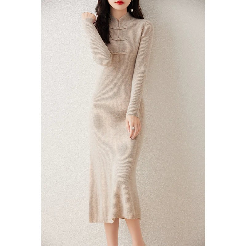 Chinese Style Stand - up Collar Frog Button Pure Wool Knit Dress Women's Fall and Winter Strip Silm Slimming Long Mermaid Dress Cheongsam - PratSN