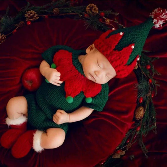 Christmas baby photography outfit photo props 3 - 6 month infant costume set holiday red green hat with opm kids xmas clothes - PratSN