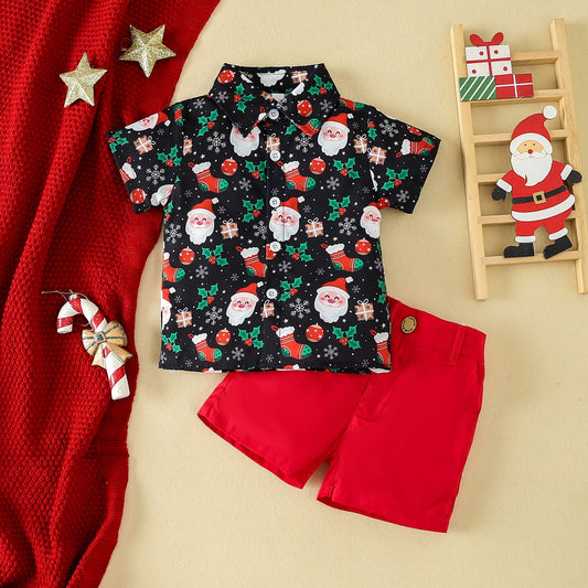 Christmas Children's Clothing Boys' Short - sleeved Printed Shirt Toddler Boys Christmas Outfits Gentleman Sets - PratSN