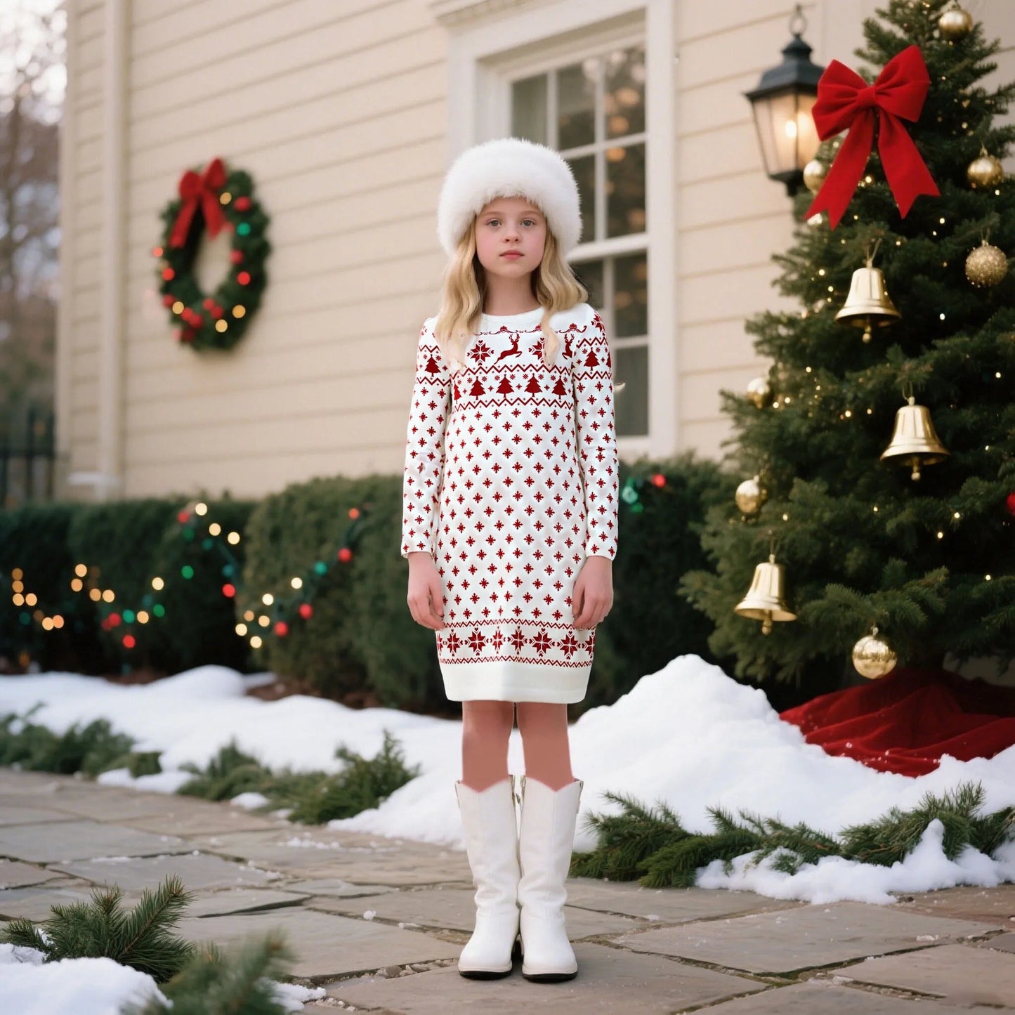 Christmas Knitted Dress for Girls - Long Sleeve Xmas Pattern Sweater Dress with Reindeer & Tree Prints, Perfect for Holiday Part - PratSN