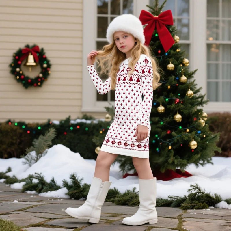 Christmas Knitted Dress for Girls - Long Sleeve Xmas Pattern Sweater Dress with Reindeer & Tree Prints, Perfect for Holiday Part - PratSN