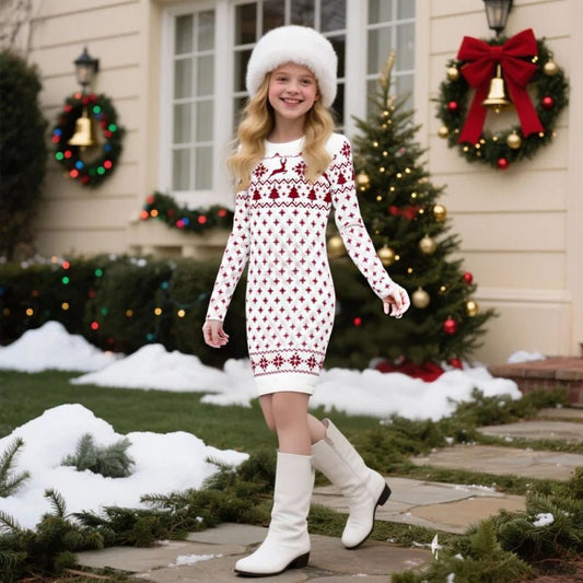 Christmas Knitted Dress for Girls - Long Sleeve Xmas Pattern Sweater Dress with Reindeer & Tree Prints, Perfect for Holiday Part - PratSN