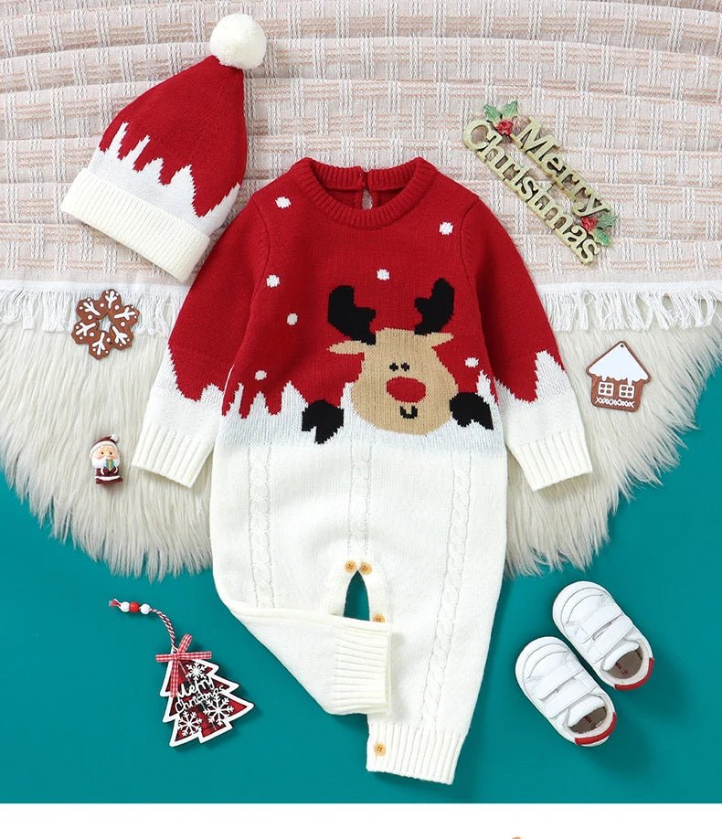 Christmas Newborn Baby Romper Knit Infant Girl Boy Jumpsuit Long Sleeve Child Xmas Clothes Fashion Cute Elk 0 - 18M Overalls 2pcs - PratSN