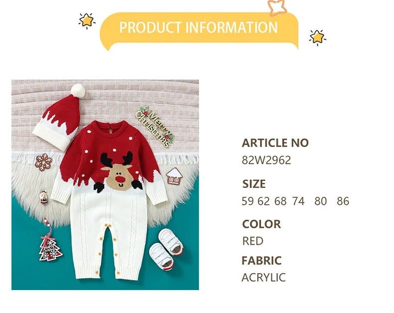 Christmas Newborn Baby Romper Knit Infant Girl Boy Jumpsuit Long Sleeve Child Xmas Clothes Fashion Cute Elk 0 - 18M Overalls 2pcs - PratSN