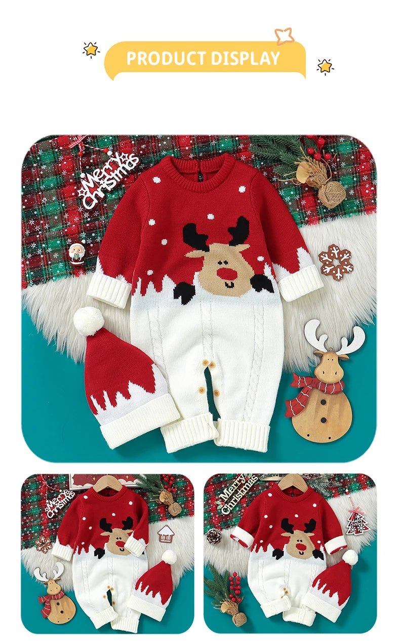 Christmas Newborn Baby Romper Knit Infant Girl Boy Jumpsuit Long Sleeve Child Xmas Clothes Fashion Cute Elk 0 - 18M Overalls 2pcs - PratSN