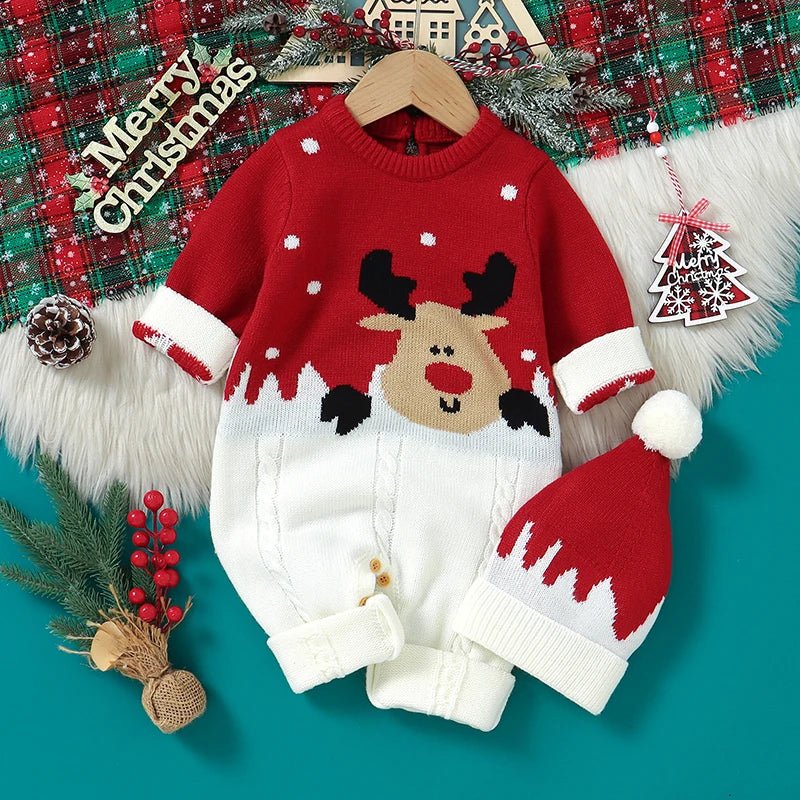Christmas Newborn Baby Romper Knit Infant Girl Boy Jumpsuit Long Sleeve Child Xmas Clothes Fashion Cute Elk 0 - 18M Overalls 2pcs - PratSN
