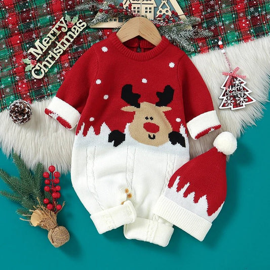Christmas Newborn Baby Romper Knit Infant Girl Boy Jumpsuit Long Sleeve Child Xmas Clothes Fashion Cute Elk 0 - 18M Overalls 2pcs - PratSN