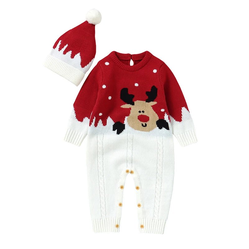Christmas Newborn Baby Romper Knit Infant Girl Boy Jumpsuit Long Sleeve Child Xmas Clothes Fashion Cute Elk 0 - 18M Overalls 2pcs - PratSN