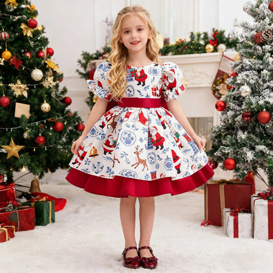 Christmas Party Girls Dresses Elegant Santa Claus Deer Printed Birthday Princess Dress for Girl Bridesmaids Wedding - PratSN