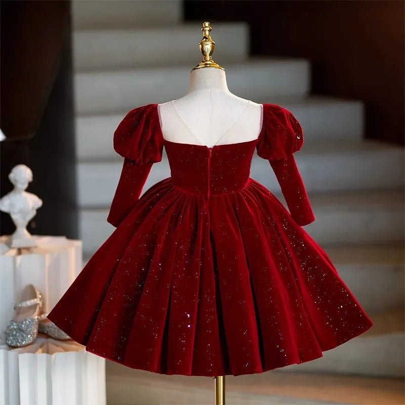 Christmas Wedding Formal Birthday Party Dress Gown Baby Girl First Communion Gown Red Velvet Long Sleeve Girls Princess Dresses - PratSN