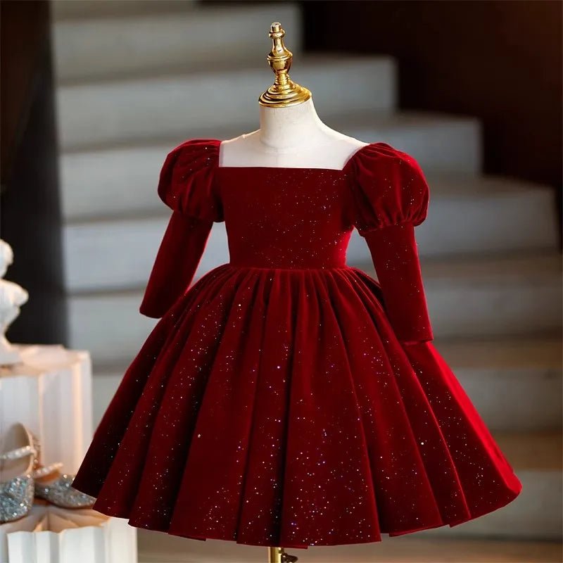 Christmas Wedding Formal Birthday Party Dress Gown Baby Girl First Communion Gown Red Velvet Long Sleeve Girls Princess Dresses - PratSN