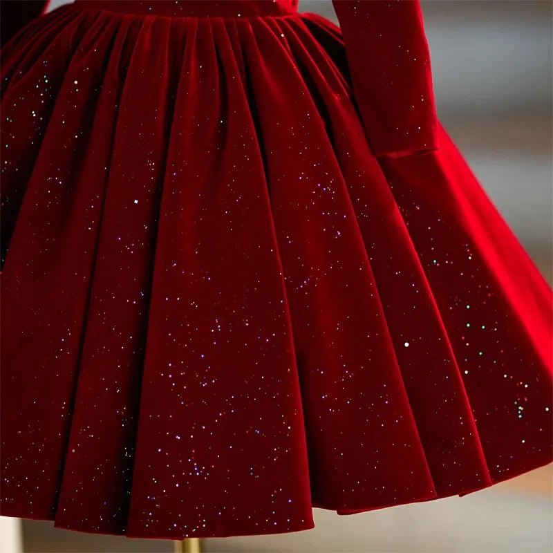 Christmas Wedding Formal Birthday Party Dress Gown Baby Girl First Communion Gown Red Velvet Long Sleeve Girls Princess Dresses - PratSN