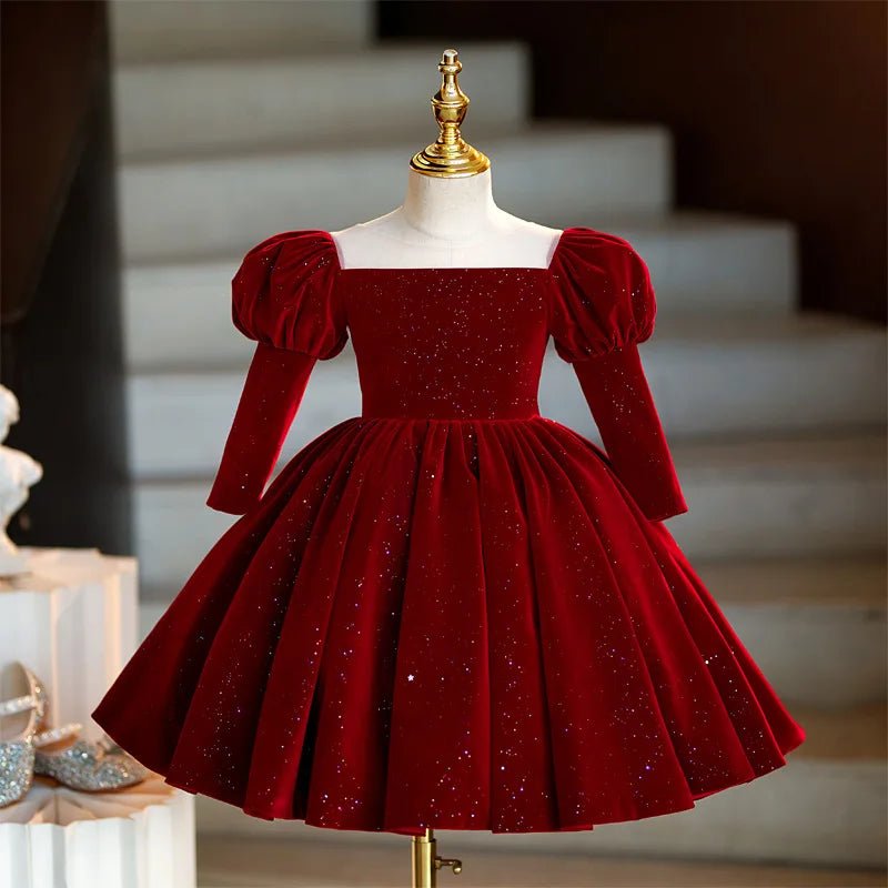Christmas Wedding Formal Birthday Party Dress Gown Baby Girl First Communion Gown Red Velvet Long Sleeve Girls Princess Dresses - PratSN