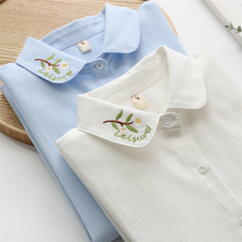 Collar Embroidered Leaves Solid Color Cotton Long - sleeved Shirt For Women French Shirt - PratSN