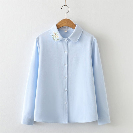 Collar Embroidered Leaves Solid Color Cotton Long - sleeved Shirt For Women French Shirt - PratSN