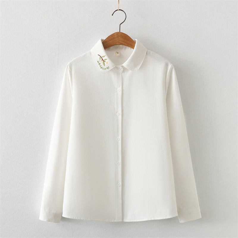 Collar Embroidered Leaves Solid Color Cotton Long - sleeved Shirt For Women French Shirt - PratSN