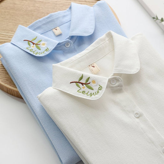 Collar Embroidered Leaves Solid Color Cotton Long - sleeved Shirt For Women French Shirt - PratSN