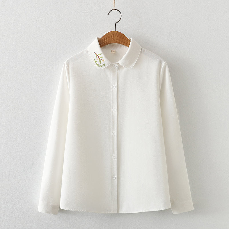 Collar Embroidered Leaves Solid Color Cotton Long - sleeved Shirt For Women French Shirt - PratSN