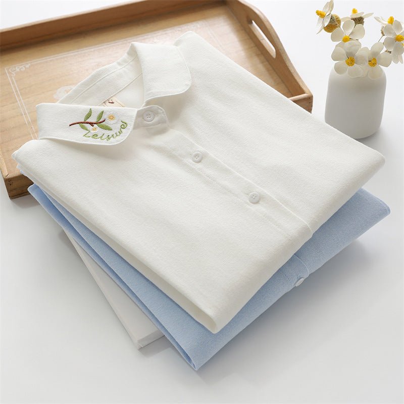 Collar Embroidered Leaves Solid Color Cotton Long - sleeved Shirt For Women French Shirt - PratSN