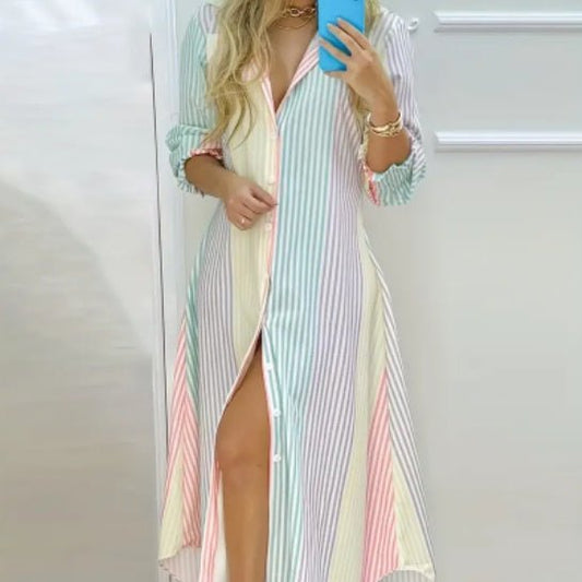 Color Block Striped Shirt Dress - PratSN