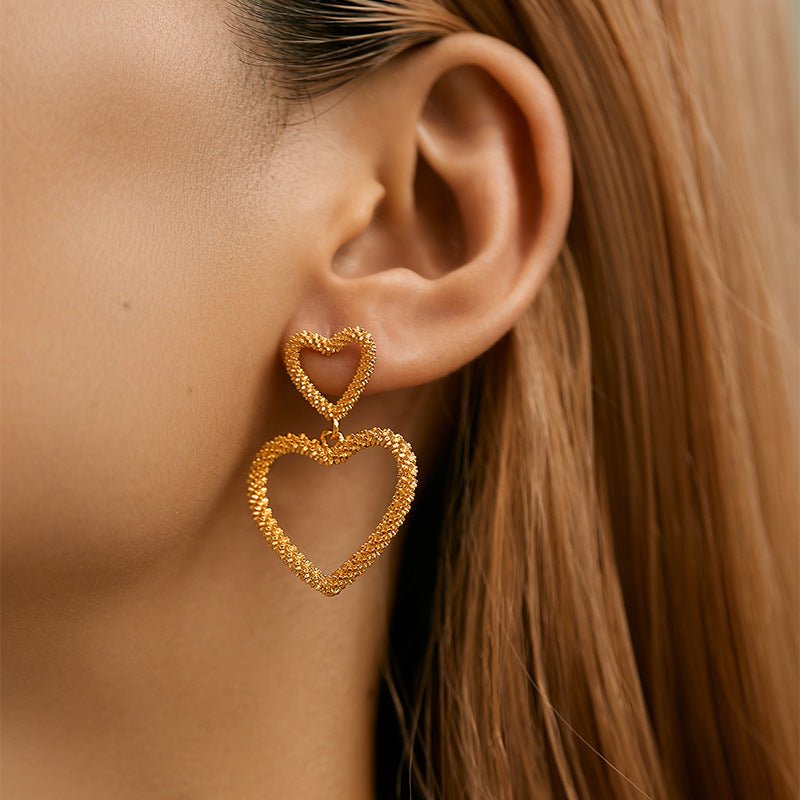 Color Retention Copper Plating 18K Real Gold Overlapping Design Double Layers Loving Heart Earrings - PratSN