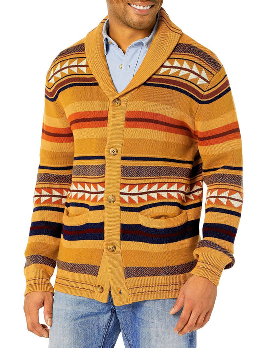 Contrasting Color Jacquard Knitted Cardigan Coat For Men - PratSN