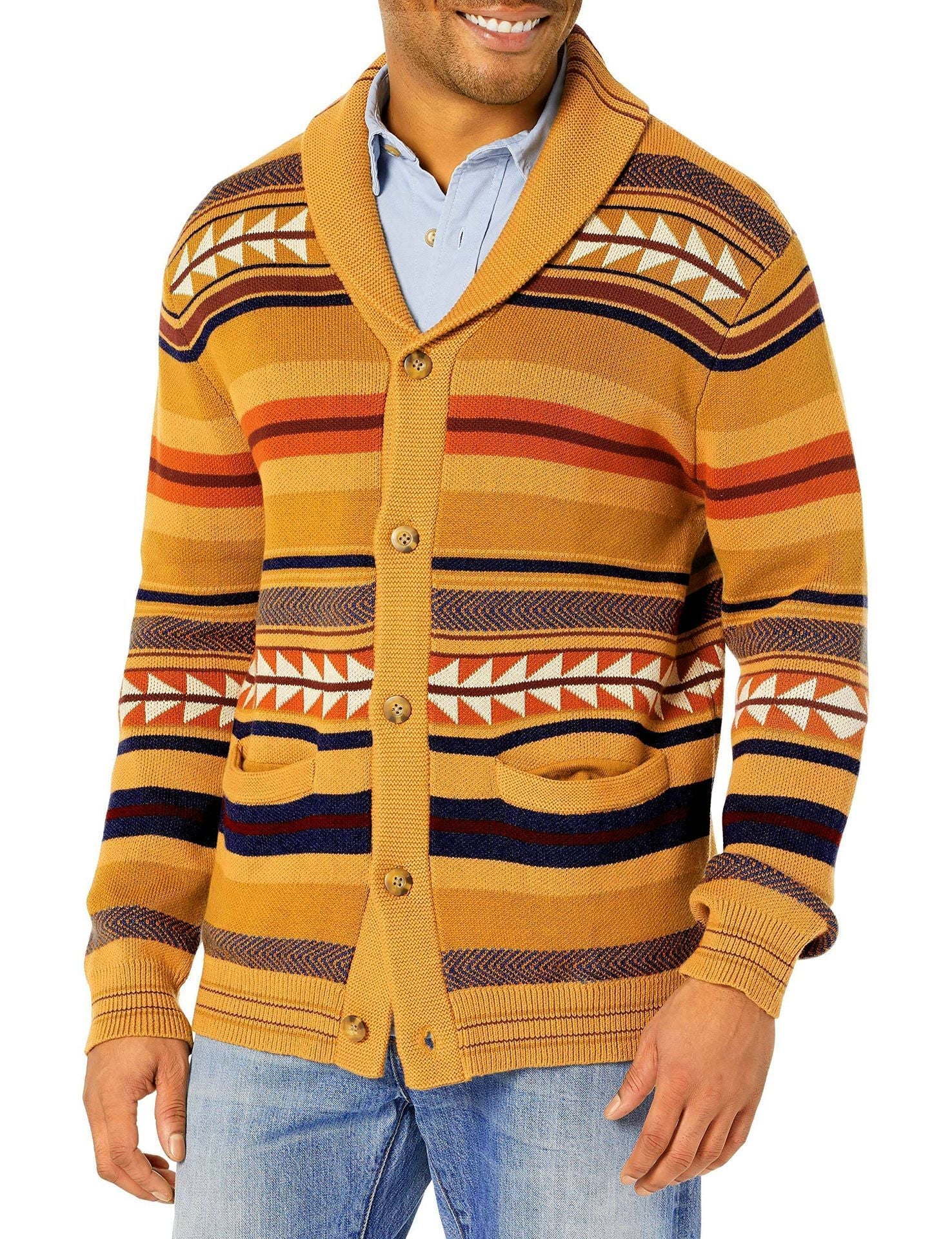 Contrasting Color Jacquard Knitted Cardigan Coat For Men - PratSN