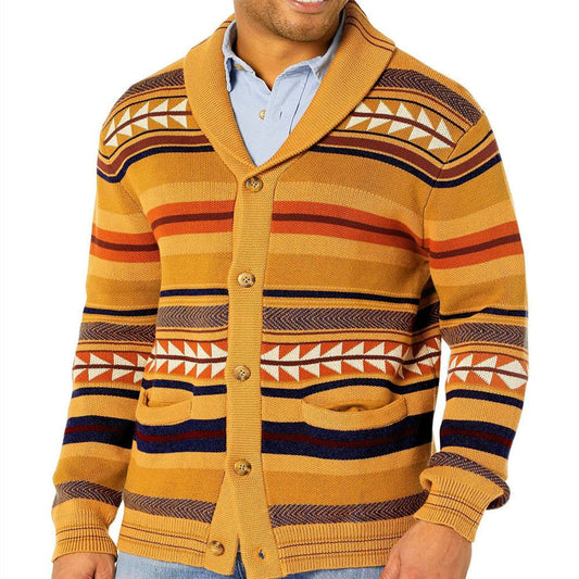 Contrasting Color Jacquard Knitted Cardigan Coat For Men - PratSN
