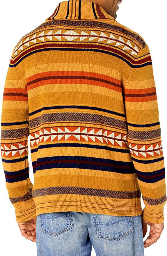 Contrasting Color Jacquard Knitted Cardigan Coat For Men - PratSN