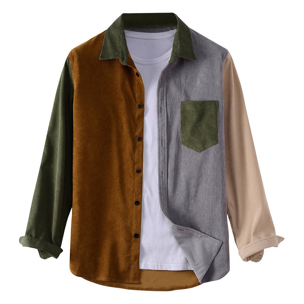 Corduroy color block long sleeve chest pocket shirt - PratSN