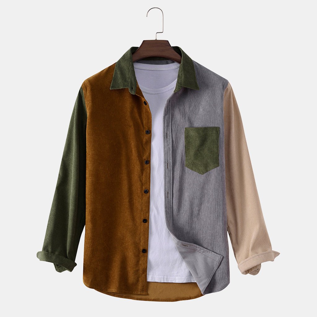 Corduroy color block long sleeve chest pocket shirt - PratSN