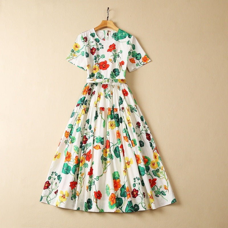 Cotton Short Sleeve Floral Print Dress - PratSN