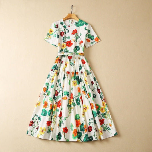 Cotton Short Sleeve Floral Print Dress - PratSN