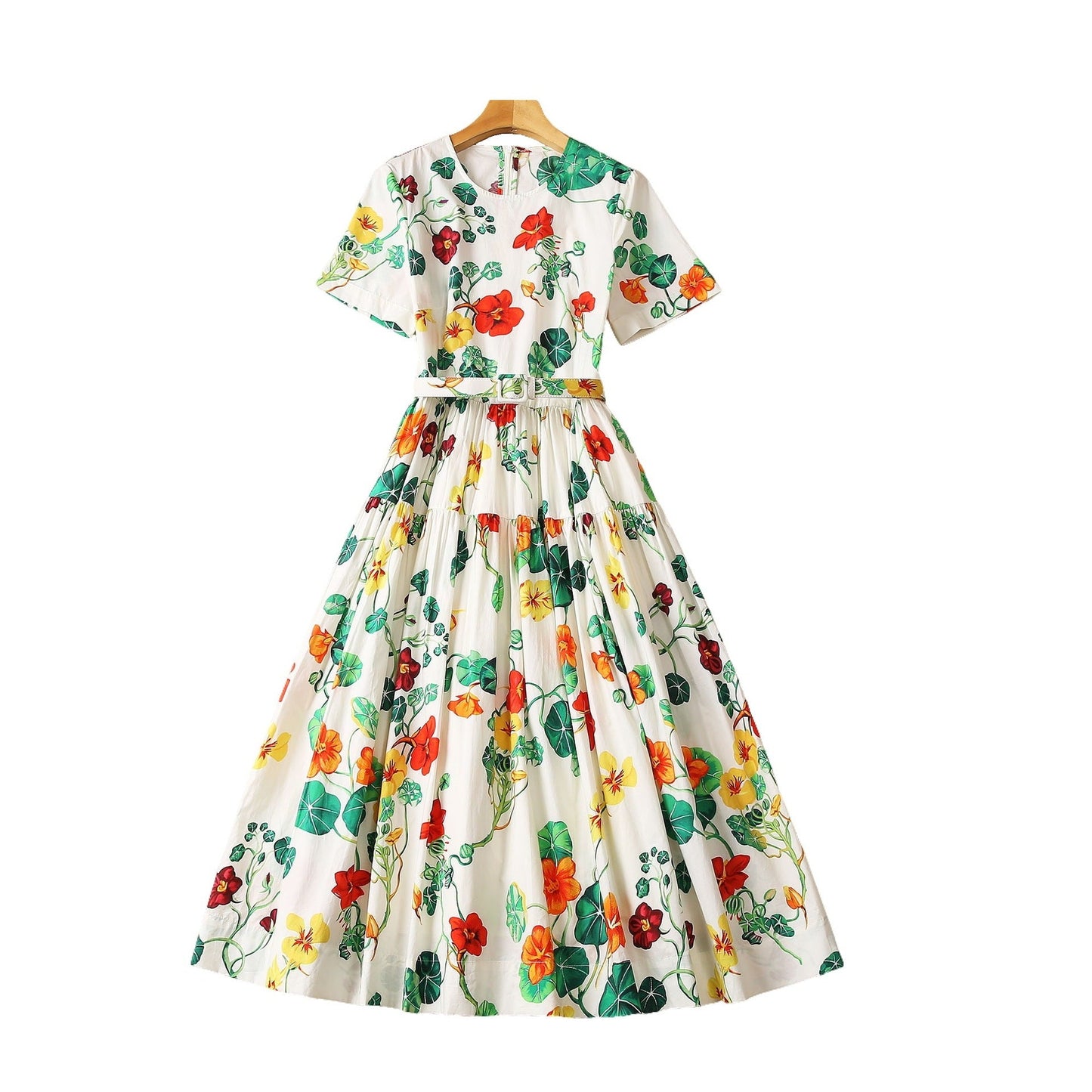 Cotton Short Sleeve Floral Print Dress - PratSN