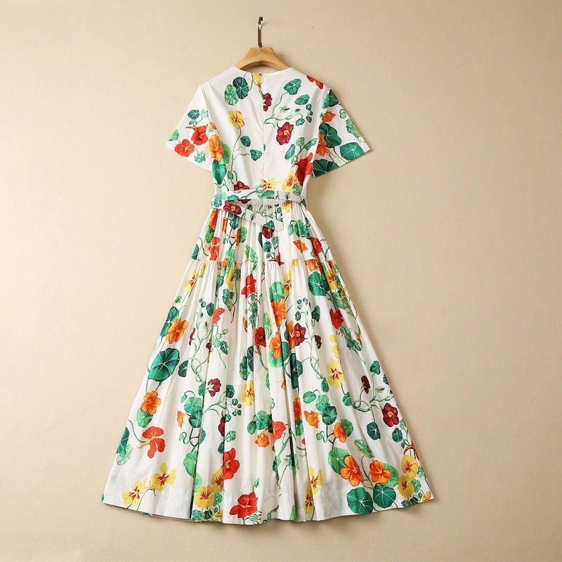 Cotton Short Sleeve Floral Print Dress - PratSN