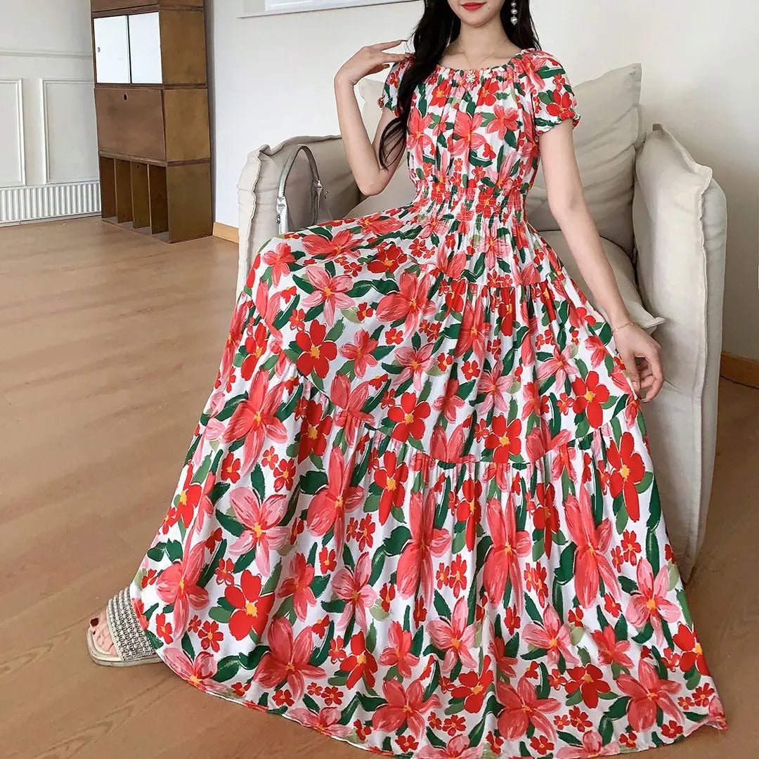 Cotton Silk floral Short sleeved Dress Beach vacation Summer Printed One neck Long Dresses - PratSN