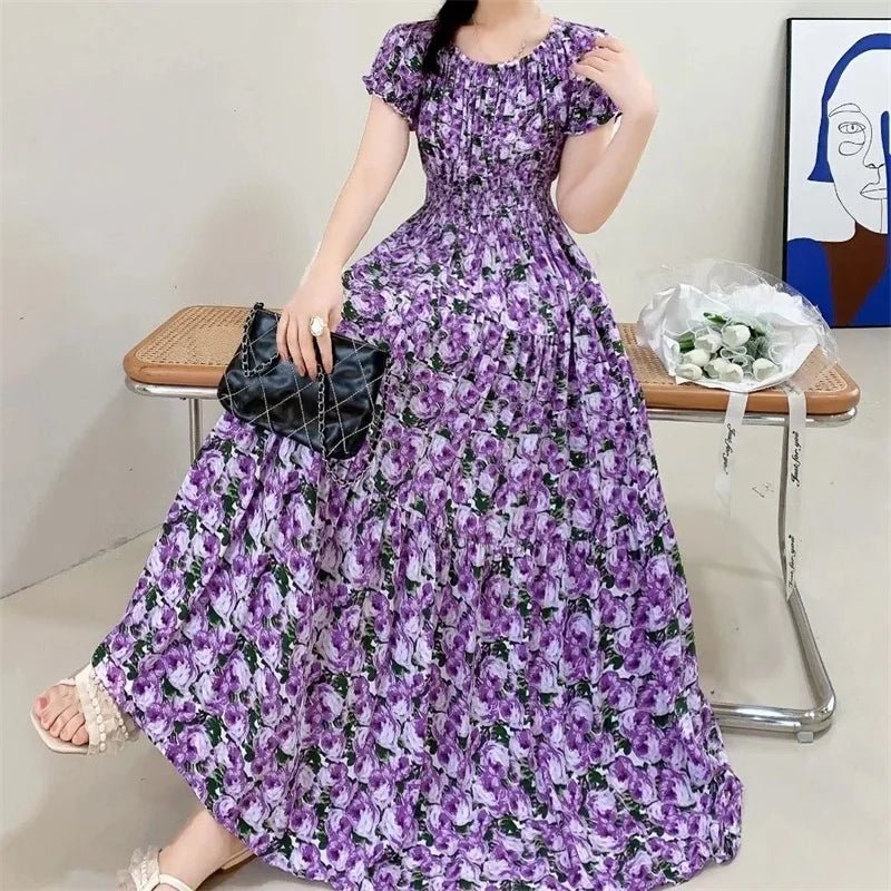 Cotton Silk floral Short sleeved Dress Beach vacation Summer Printed One neck Long Dresses - PratSN