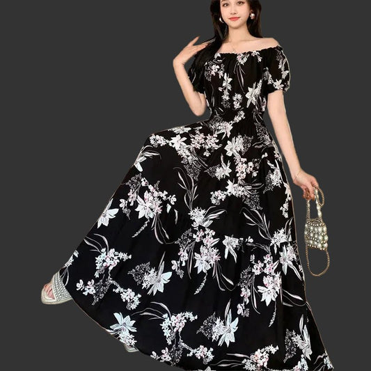 Cotton Silk floral Short sleeved Dress Beach vacation Summer Printed One neck Long Dresses - PratSN