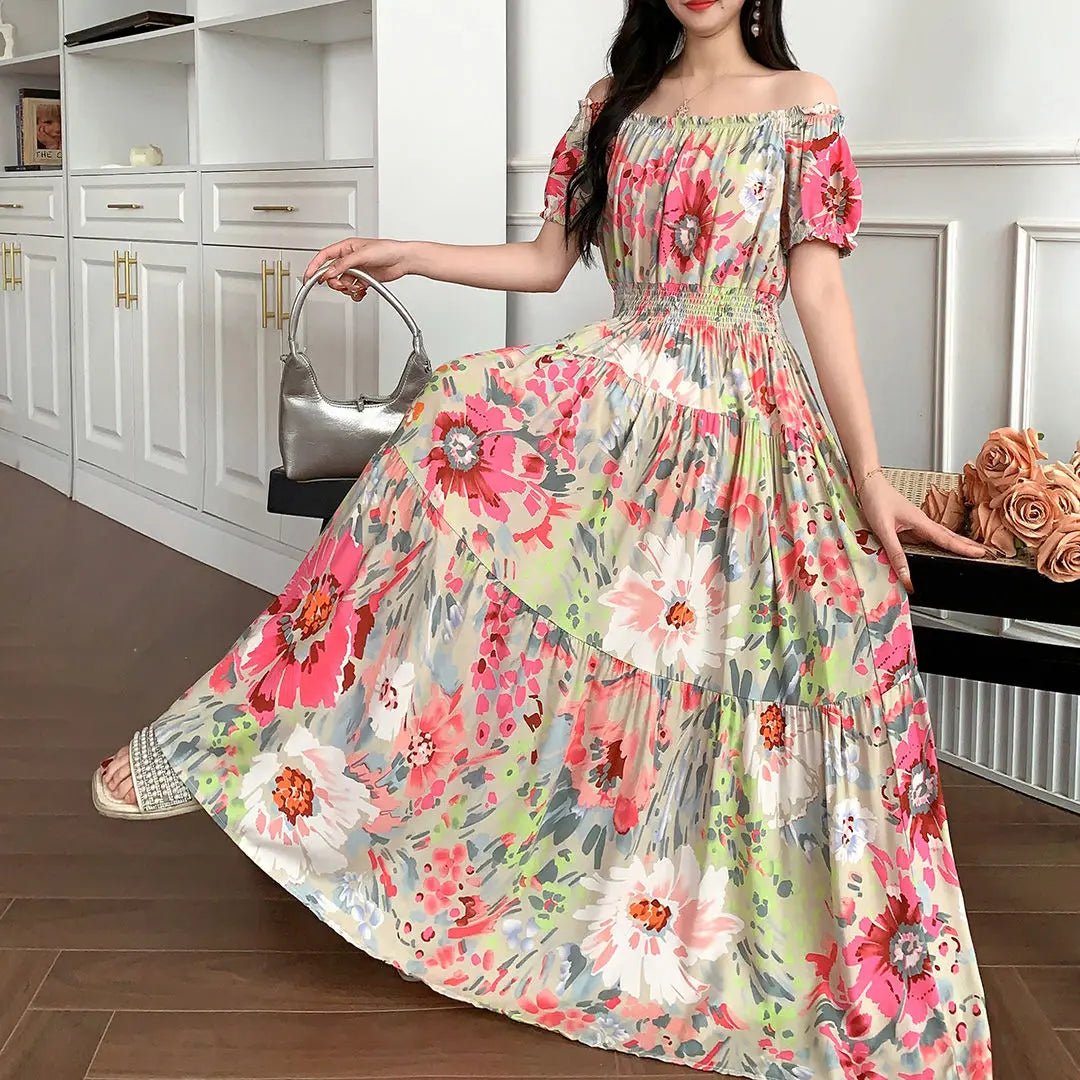 Cotton Silk floral Short sleeved Dress Beach vacation Summer Printed One neck Long Dresses - PratSN