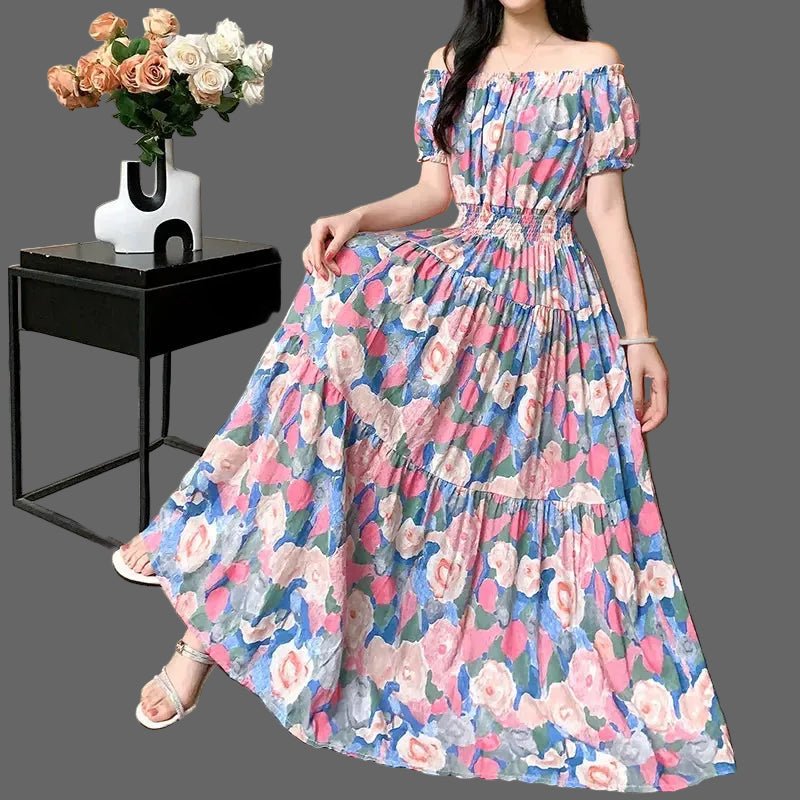 Cotton Silk floral Short sleeved Dress Beach vacation Summer Printed One neck Long Dresses - PratSN