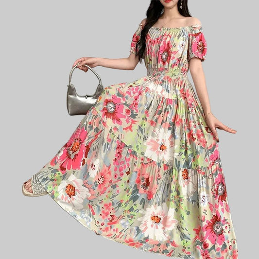Cotton Silk floral Short sleeved Dress Beach vacation Summer Printed One neck Long Dresses - PratSN