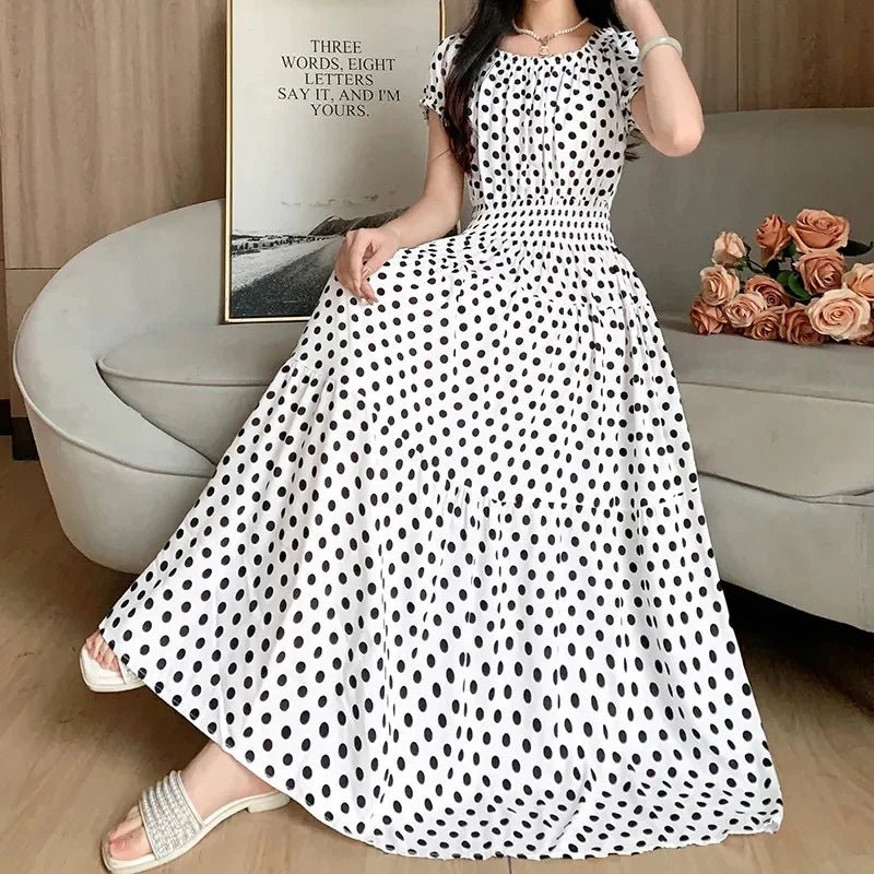 Cotton Silk floral Short sleeved Dress Beach vacation Summer Printed One neck Long Dresses - PratSN