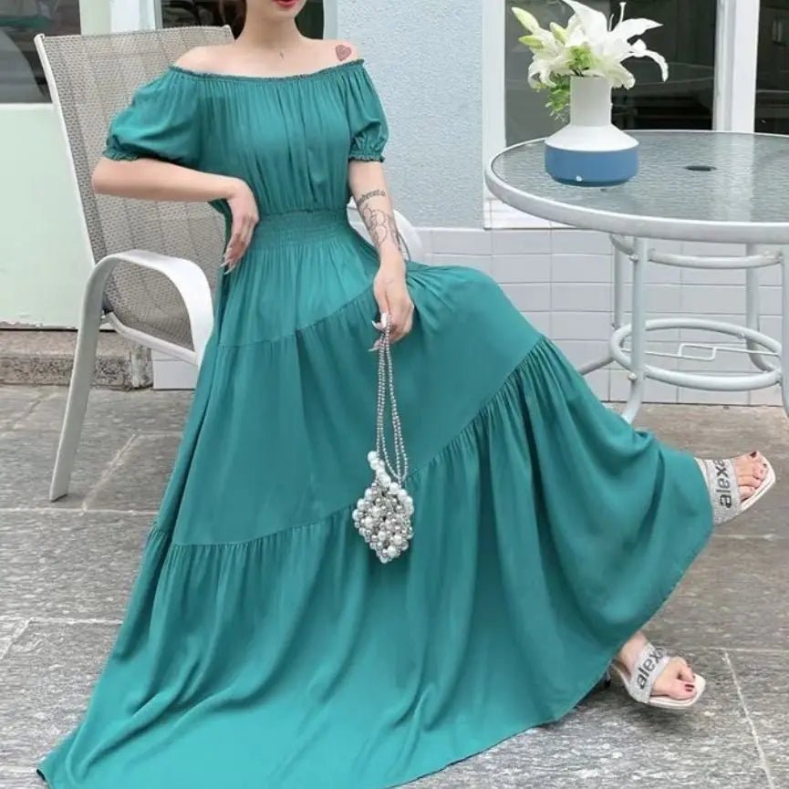 Cotton Silk floral Short sleeved Dress Beach vacation Summer Printed One neck Long Dresses - PratSN
