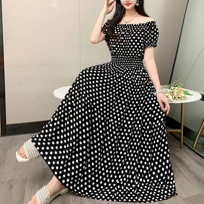 Cotton Silk floral Short sleeved Dress Beach vacation Summer Printed One neck Long Dresses - PratSN