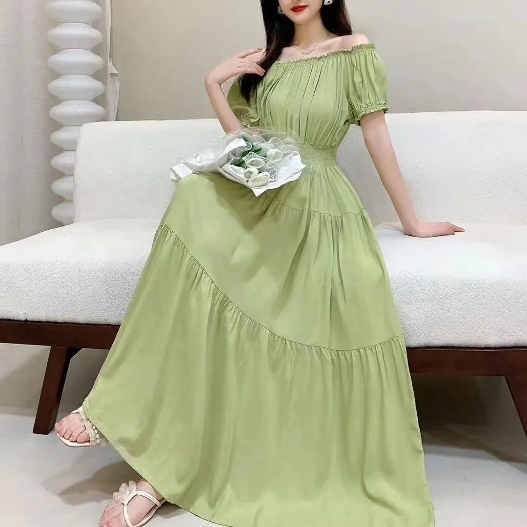 Cotton Silk floral Short sleeved Dress Beach vacation Summer Printed One neck Long Dresses - PratSN