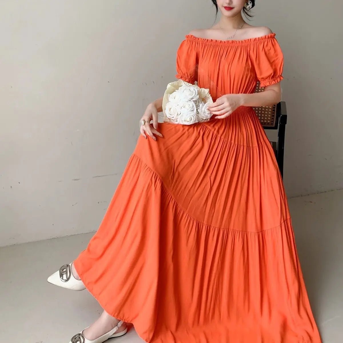 Cotton Silk floral Short sleeved Dress Beach vacation Summer Printed One neck Long Dresses - PratSN