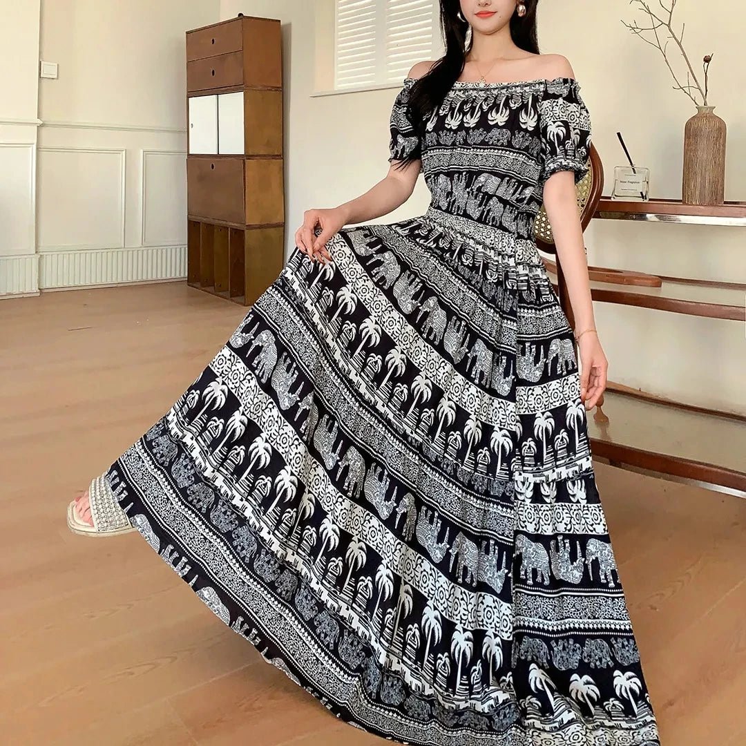 Cotton Silk floral Short sleeved Dress Beach vacation Summer Printed One neck Long Dresses - PratSN