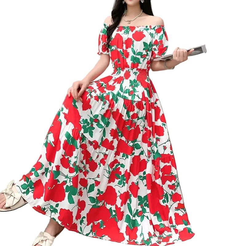 Cotton Silk floral Short sleeved Dress Beach vacation Summer Printed One neck Long Dresses - PratSN