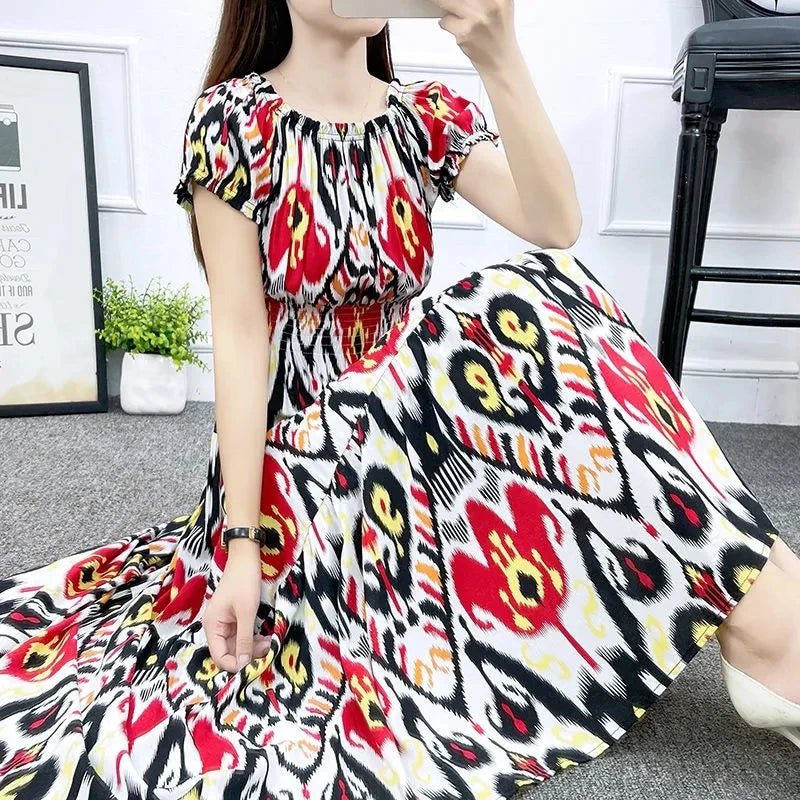 Cotton Silk floral Short sleeved Dress Beach vacation Summer Printed One neck Long Dresses - PratSN