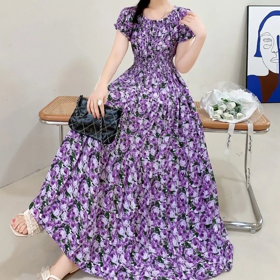 Cotton Silk floral Short sleeved Dress Beach vacation Summer Printed One neck Long Dresses - PratSN